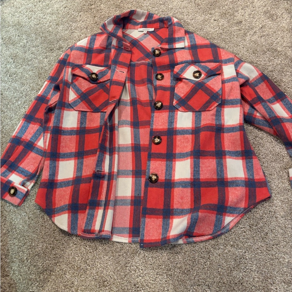 Red and Blue Button Down Jacket with Plaid Pattern